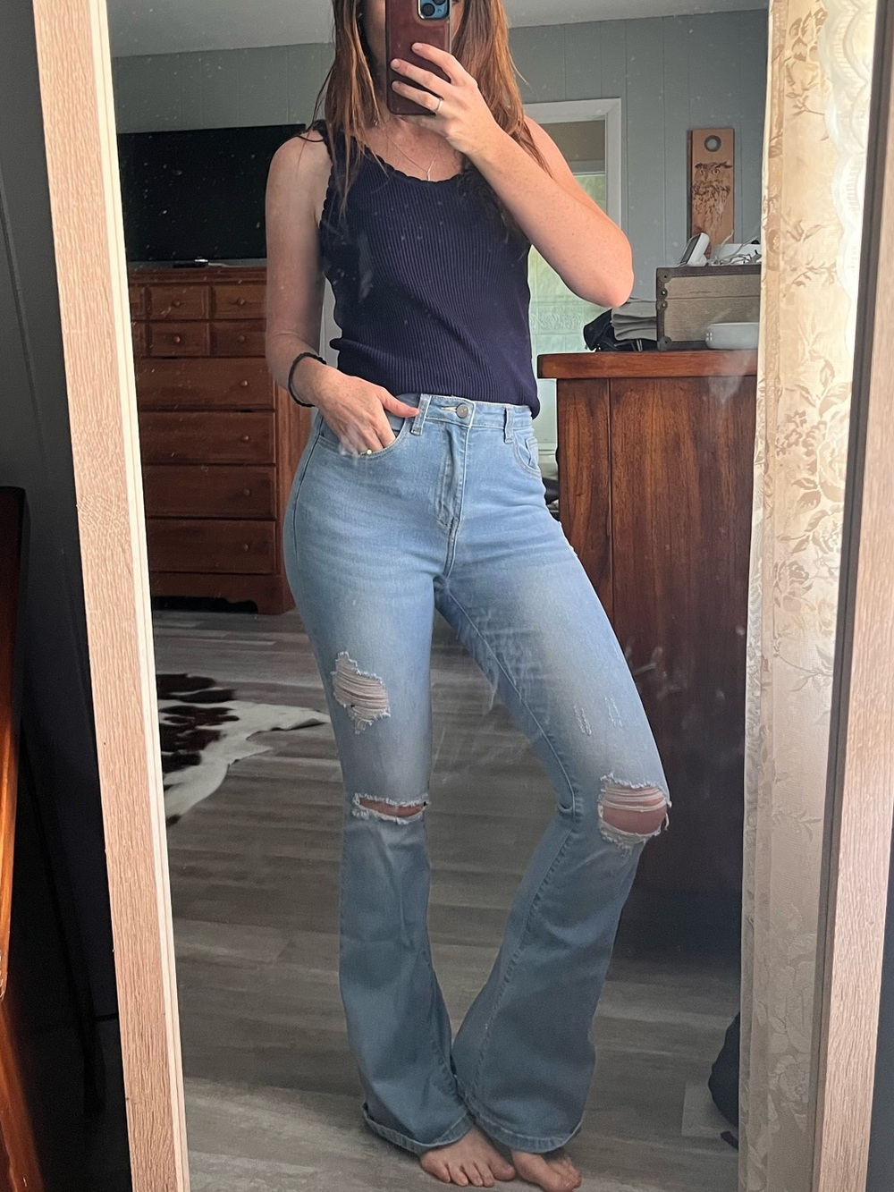 SHEIN Light Blue High-Rise Distressed Flare Jeans - Women